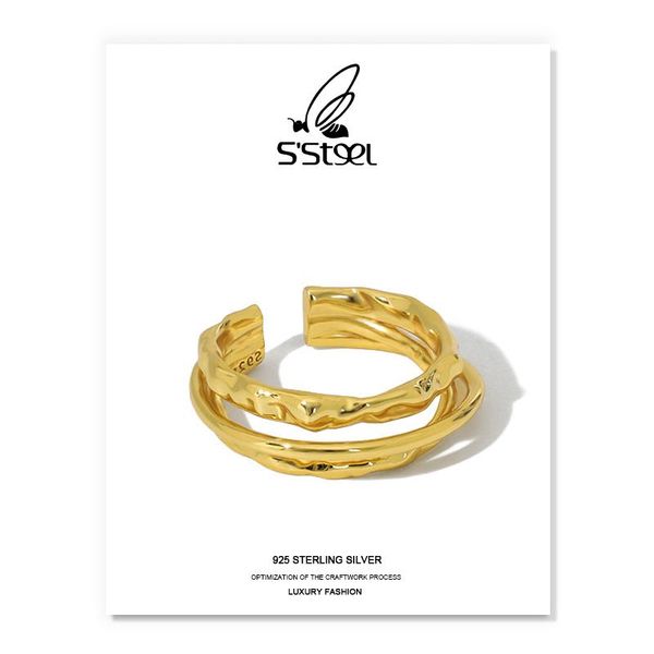 

s'steel geometric women's rings 925 sterling silver korean designer simple three-layer gold ring aros plata mujer jewellery cluste, Golden;silver