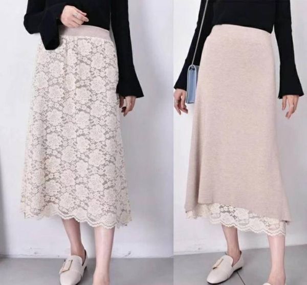 

skirts women's clothing arrival women spring autumn a-line knitted wear a skirt on both sides lace bust, Black
