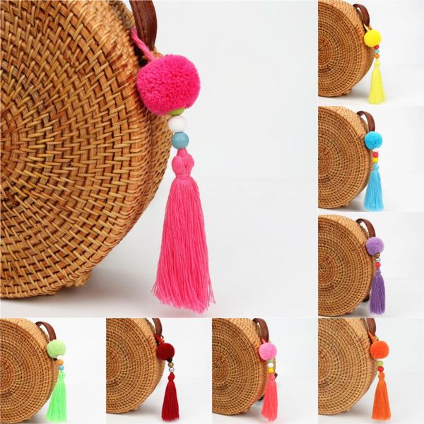 

1pc Dropshipping Pompom Keychains With Tassel Wooden Beads Charms Keyring Boho Jewelry For Women
