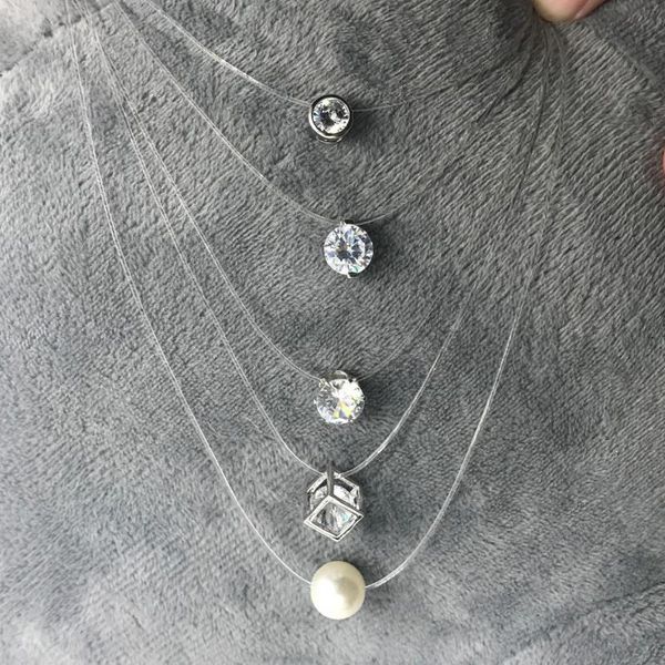 

pendant necklaces sumeng personality fashion square imitation pearl crystal zircon nelace invisible transparent fishing line women, Silver