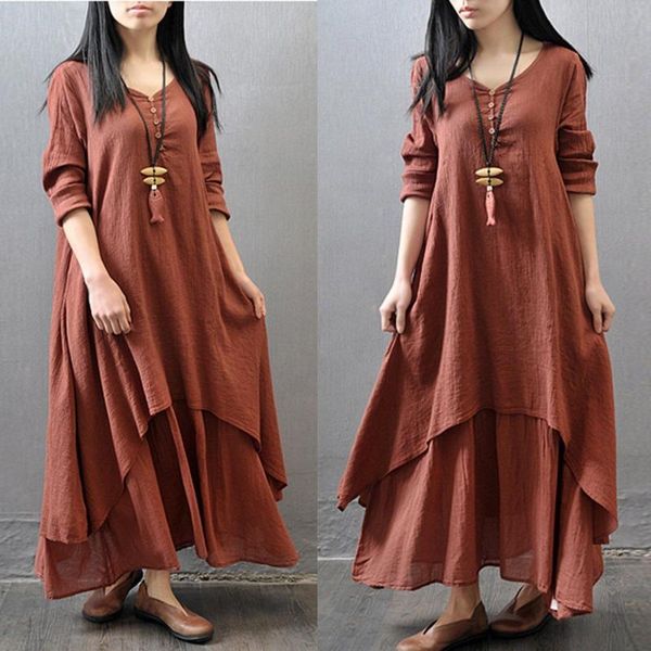 

casual dresses women peasant ethnic boho cotton linen long sleeve loose solid plain maxi dress, Black;gray