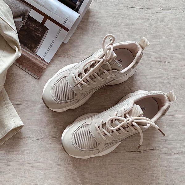 

dress shoes chunky sneakers women mesh leather platform shoes mixed colors lace-up lady trendy trainers thick sole handmade 29401, Black