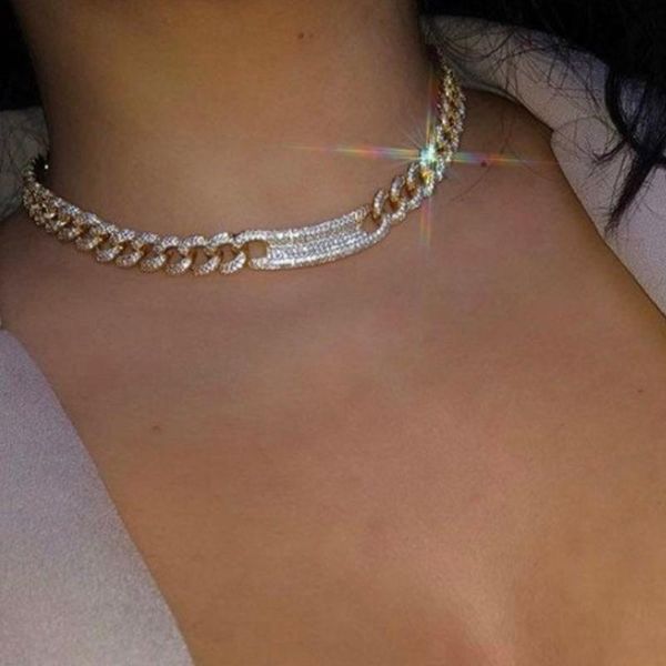 

chains hip hop miami curb cuban link chain necklaces for women men iced out paved rhinestones choker necklace rapper jewelry gift, Silver