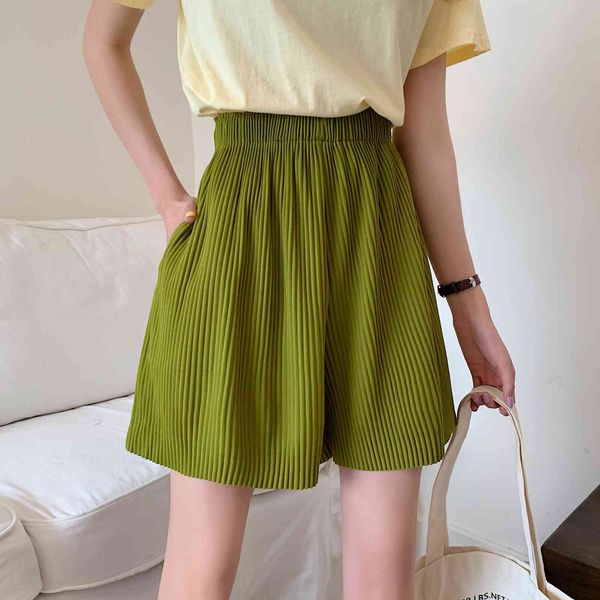 

wide leg pleated shorts women plus size green elastic waist summer shorts new fashion loose casual short girls trouser m- 210416, White;black