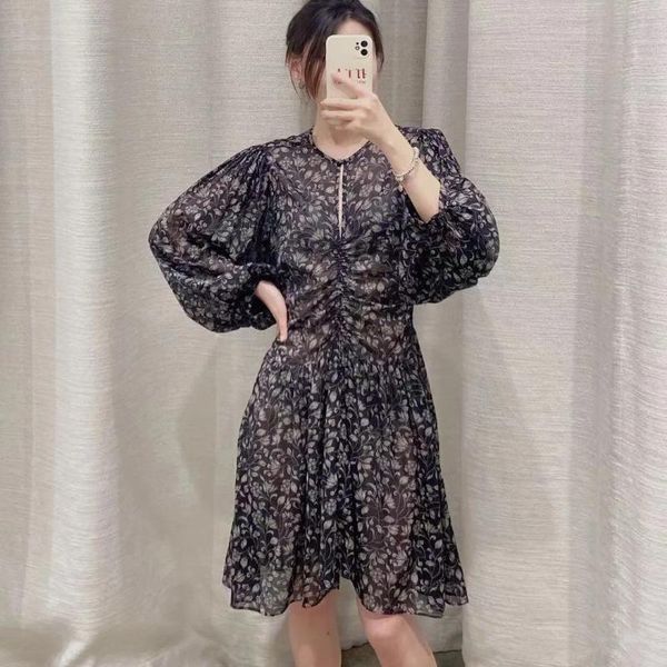 

casual dresses early autumn shirring mini dress women printing long lantern sleeve vintage 2021 ladies robe, Black;gray