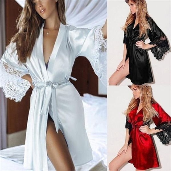 

pajamas nightwear satin nightdress womens sleepwears silk lace lingerie nightgown robe pyjamas, Black;red