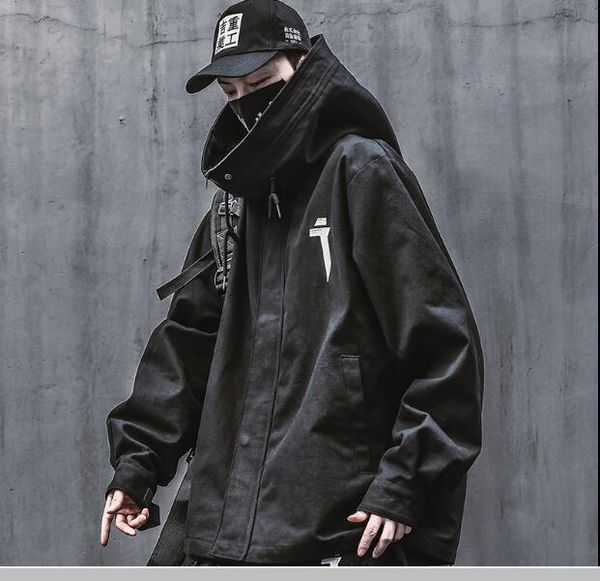 

spring japanese streetwear techwear turtleneck hooded zip up jacket coat for men women black white, Black;brown