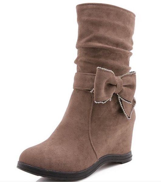 

boots women mid-calf wedge shoes woman height incleasing crystal bowtie warm booties sapato feminino zapatos de mujer sk181212 ik0m, Black