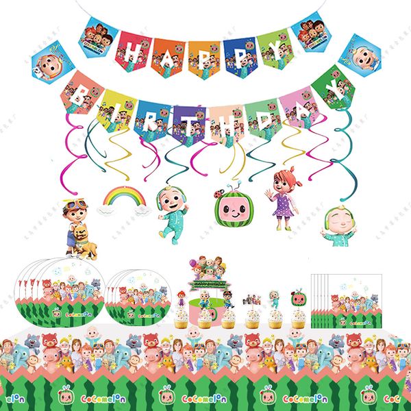 

cocomelon theme tableware children's party set paper tray spiral pendant large flag