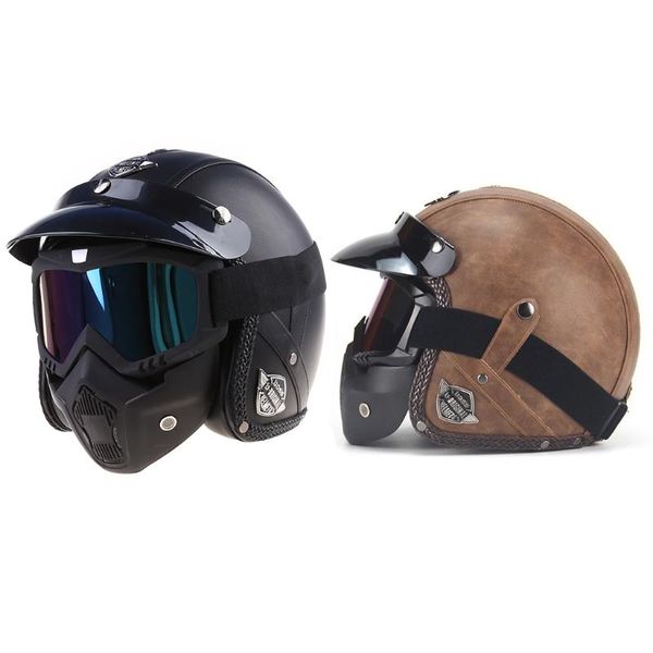 

motorcycle helmets pu leather 3/4 bike helmet open face vintage with goggle mask