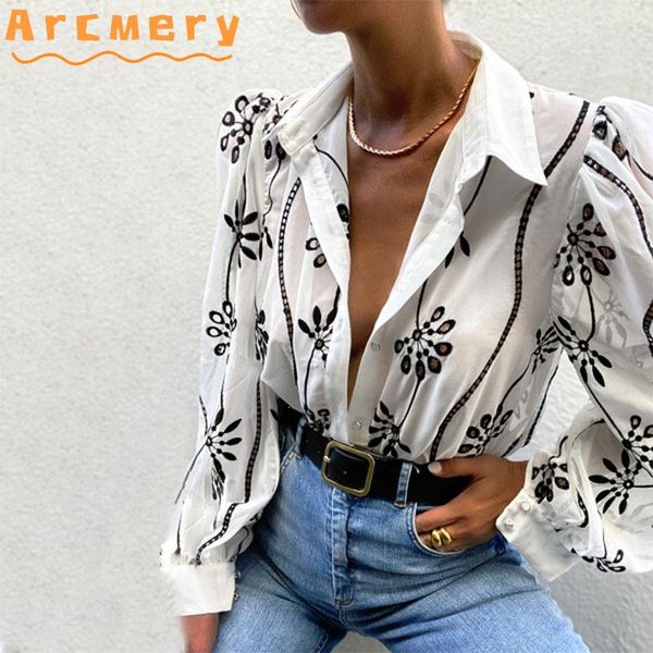 

women floral embroidery puff sleeve turn down collar shirt women's t-shirt, White