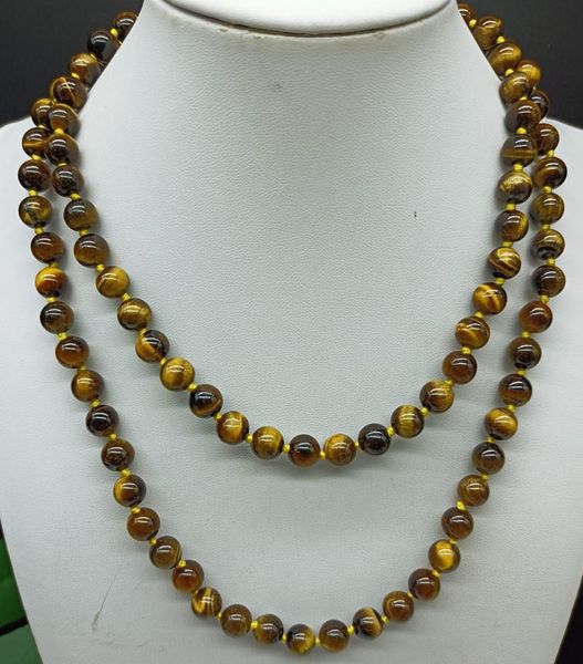 

chains yellow 8mm tiger eye round bead boutique necklace 36 inch women's fashion, Silver