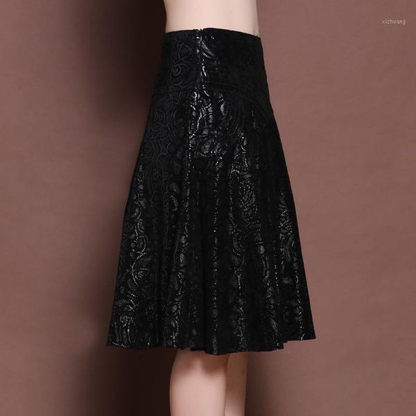 

skirts brand high waist women sheepskin midi streetwear slim printed ol a-line knee-length jupe elegant faldas plus size 4xl, Black