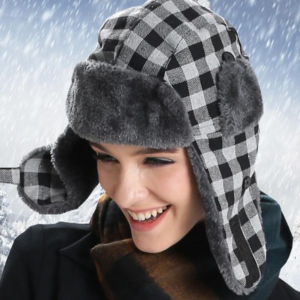

berets bomber hat women men winter with earflaps for warm ear flaps cap windproof thicker plaid russian ushanka, Blue;gray