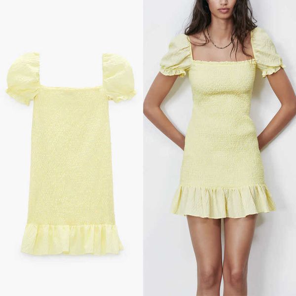 

za textured weave mini dress women short puff sleeve ruffle backless yellow party dresses chic smocked elastic summer dress 210602, Black;gray