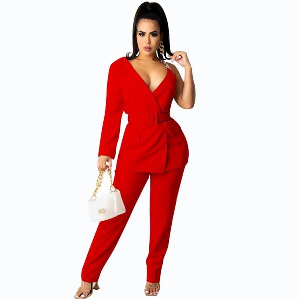 

women's two piece pants 2022 winter fashion unilateral sleeve casual suit + trousers two-piece elegant belt slim pure color sets, White