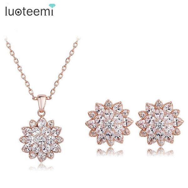 

earrings & necklace luoteemi wholesale arrival 2021 wedding jewelry sets rose gold-color flower cut necklace/earrings for women, Silver