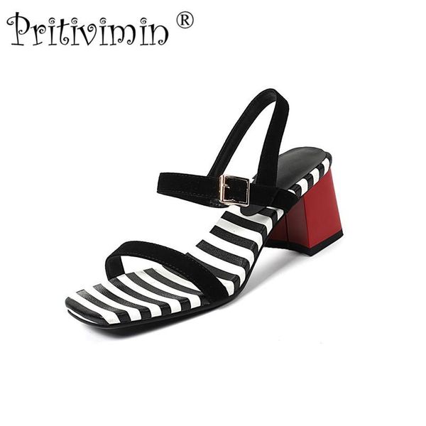 

pritivimin fn173 summer sandals laidies square toe t-strap thick heels red black white fashion kid suede flat shoes