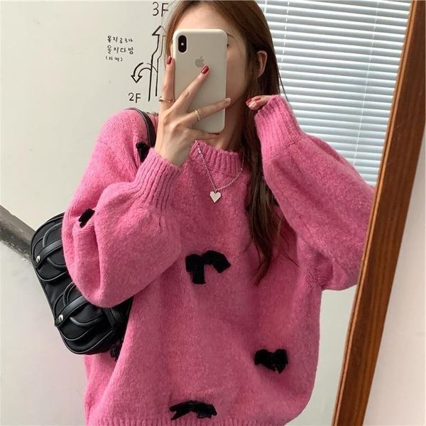 

lazy and loose design bow long sleeve fashion autumn winter sweater 2021 new women, White;black