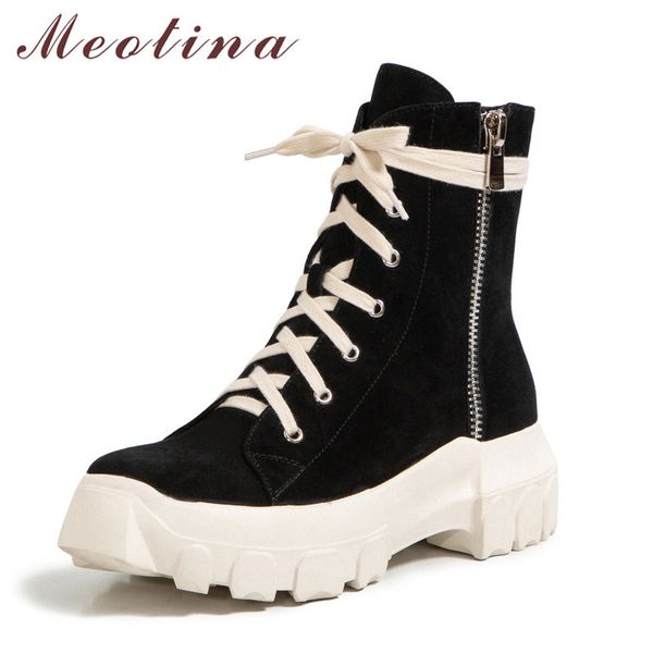 Meotina Çocuk Süet Platformu Düz Kısa Çizmeler Kadın Ayakkabı Gerçek Deri Flats Zip Lace Up Sıcak Bayan Ayak Bileği Çizmeler Kış Siyah 40 210520