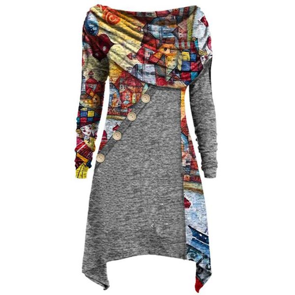 

casual dresses boho vintage dress long sleeve plus size woman tunic round neckline shift irregular hem ropa de mujer, Black;gray