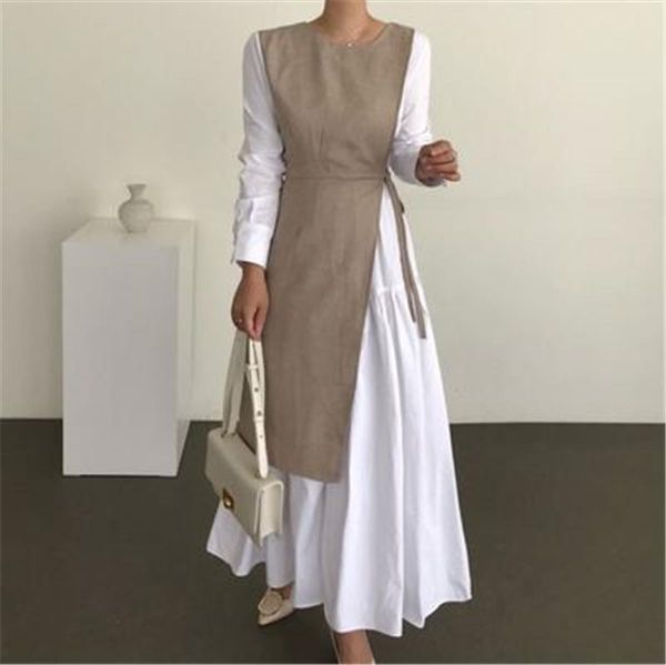 

casual dresses [ewq]women clothing loose fashionable female outfit french style patchwork autumn maxi dress ladies solid long sleeve khaki w, Black;gray