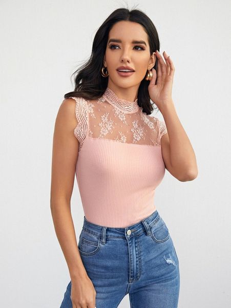 

keyhole back lace yoke insert rib-knit tank c2wr#, White