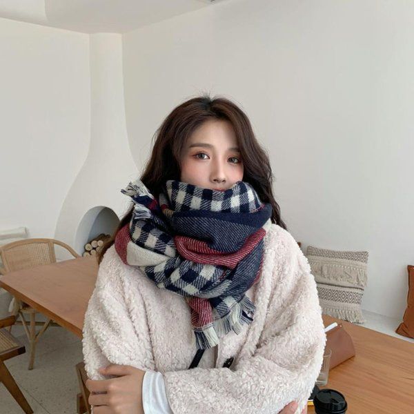 

autumn and winter double-sided grid scarf female imitation cashmere plus thick warm color stripes shawl students scarves, Blue;gray