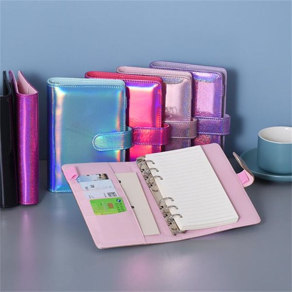 Notebook pasta a6 laser bloco de notas soltas de folhas soltas sem papel portátil pu foo de couro capa arquivo pasta de arquivo planejadores de escola papelaria