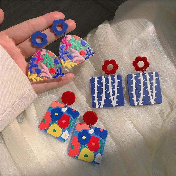 

stud creative literary oil painting style color flower earrings blue ins niche design sense acrylic contrast female tide, Golden;silver