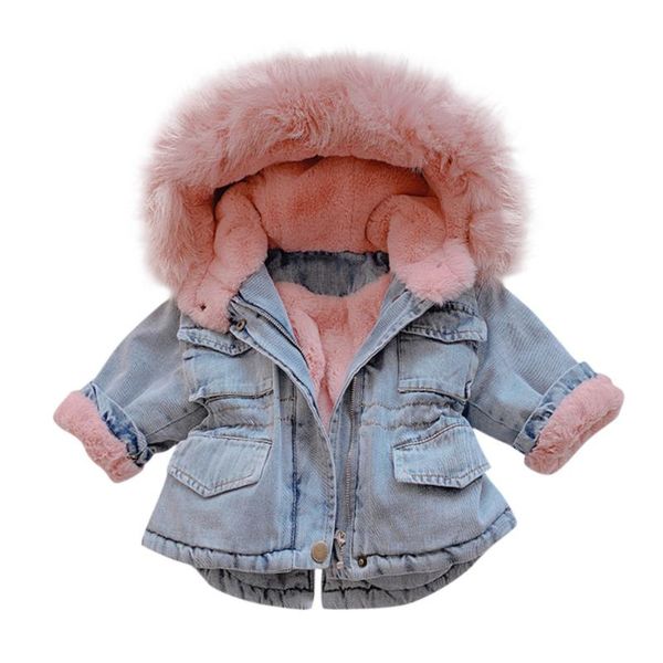 

jackets children clothes thick velvet kids winter jean coat big fur collar hooded warm parkas mid-long girls denim outerwear, Blue;gray