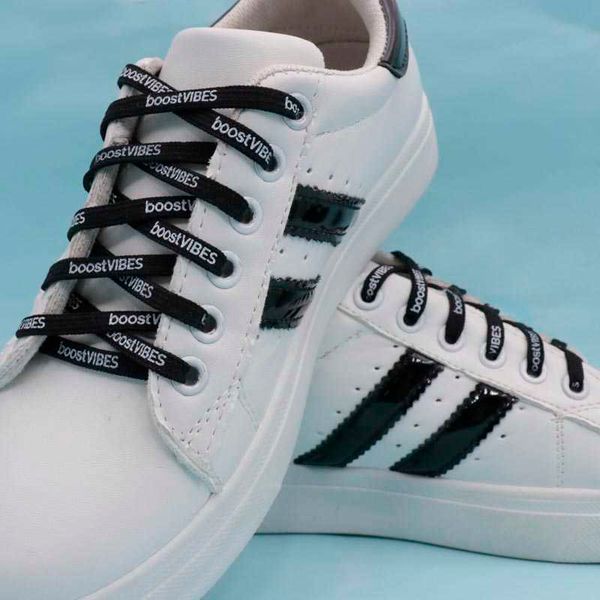 

new material shoelace double layer polyester silk sreen black lacet with "boostvibes" white letter printing nice cord, White;pink