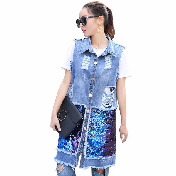 

women's vests rlyaeiz spring mid-long denim vest 2021 summer fashion sequins pockets waistcoat sleeveless jeans jackets, Black;white