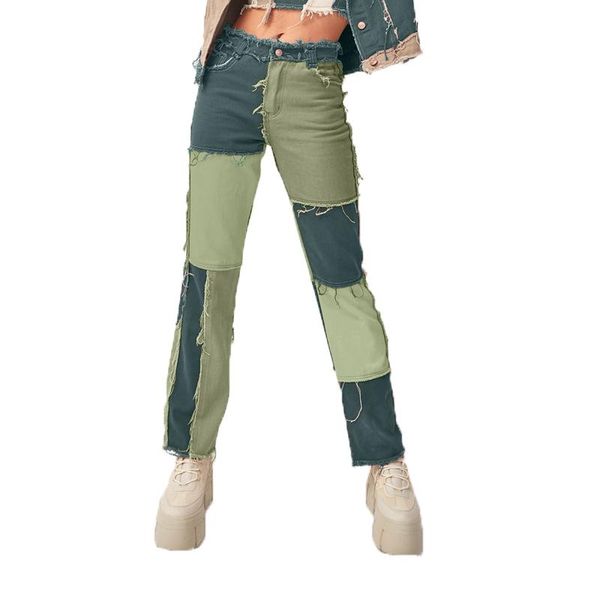 

women's jeans two tone patchwork women fashion tassel high waist baggy womens 90s casual loose denim straight leg pants, Blue