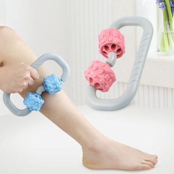 

manual pain relief 2 wheels muscle massage roller plastic handle relaxation massager anti cellulite yoga portable accessories