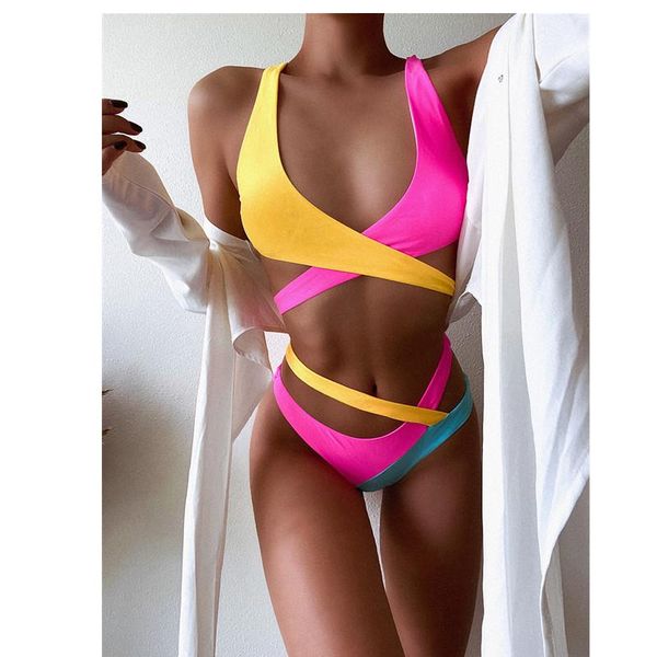 

swimsuit women patchwork contrast sweet style cross straps push up brazilian thong bikini mini micro bandage beachwear swimwear women's, White;black