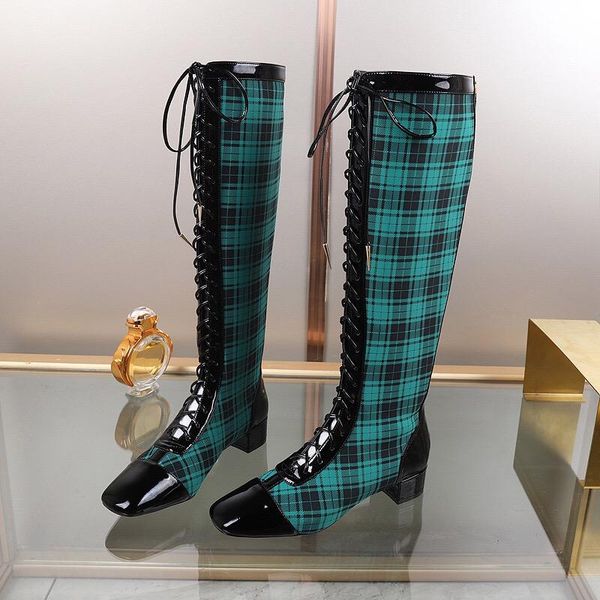 

boots zapatos de mujer patent leather knee high woman gingham cross-tied patchwork square toes, Black