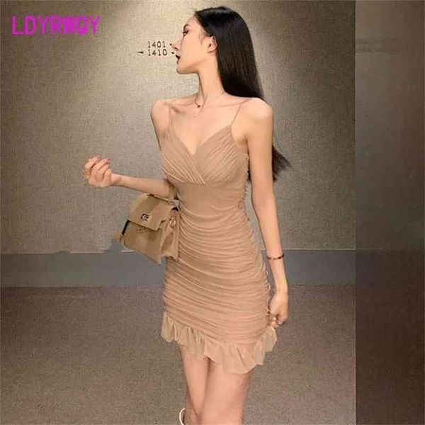 

ldyrwqy summer korean version of mesh belt pad shows the chest elastic ruffled folds slim sling dress 210416, Black;gray