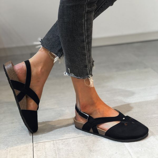 

female sandals summer fashion solid hollow breathable toe cap flat sandals elegant slippers outside cross tied leather sandals, Black