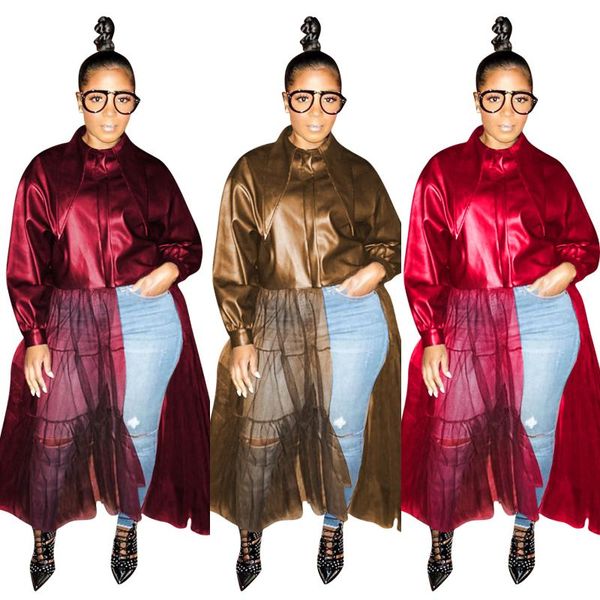 

women's fur & faux qm4337 european and american autumn pure color pu leather clothes + mesh splicing long sleeve coat spot supply w, Black
