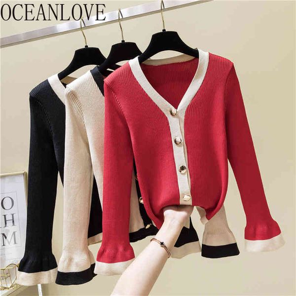 

v neck cardigans women autumn flare sleeve sweet sweaters single breasted all match casual sueter mujer 17382 210415, White;black