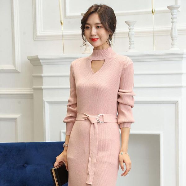 

casual dresses knitted dress women long sleeve vintage elegant office sweater female 2021 winter one-piece korean outerwear, Black;gray