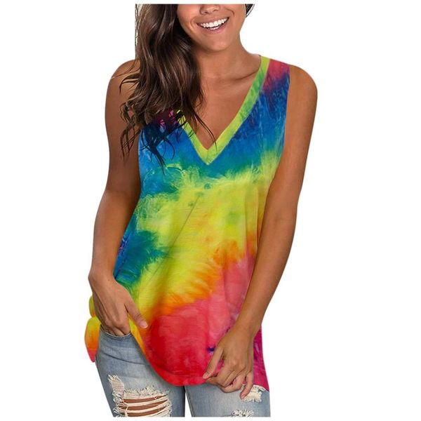 

women's t-shirt women vintage t shirt sleeveless summer v-neck t-shirts casual harajuku plus size elegant tie-dye print loose #t1g, White