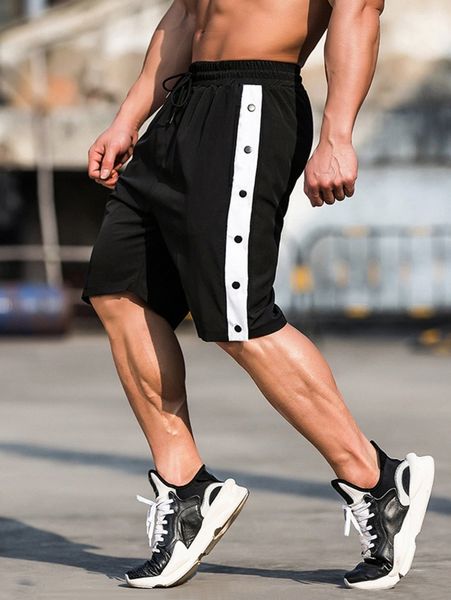 

men fake button contrast side seam drawstring shorts 07lx#, Black