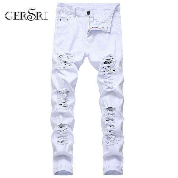 

gersri straight hole destruction trousers distressed jeans men denim trousers men jeans fashion designer brand white jean male 211218, Blue