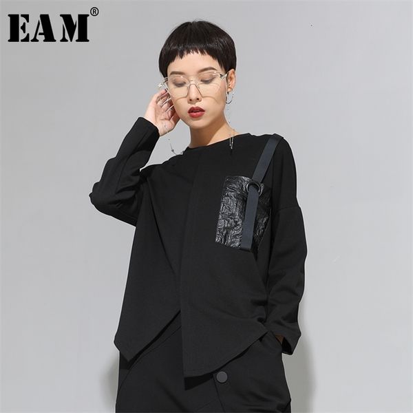 

[eam] women black buckle stitch big size asymmetrical t-shirt new round neck long sleeve fashion tide spring autumn 1d679 210330, White
