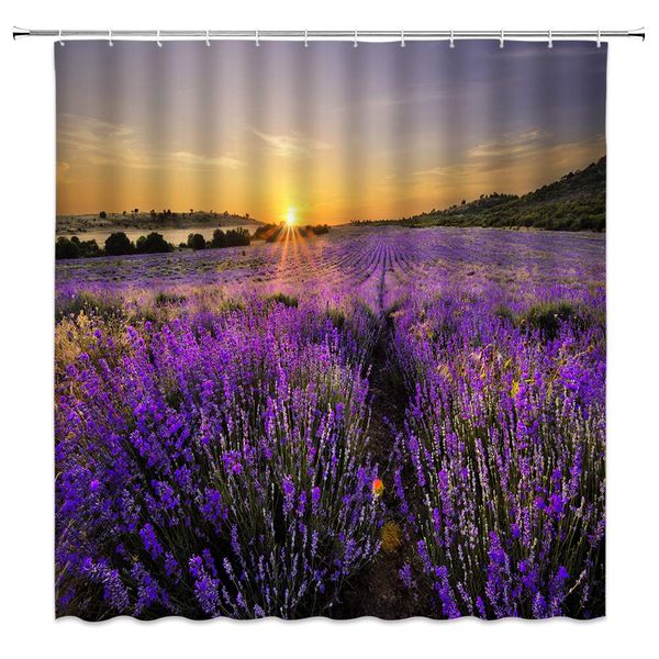 

landscape shower curtain decor purple lavender field sunrise lake country spring nature orange fabric bath curtains bathroom