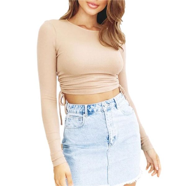 

women fashion solid color crop slim long sleeve round neck drawstring t-shirt exposed navel women's, White