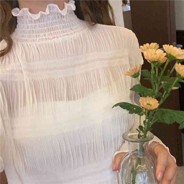 

women's blouses & shirts korean pleated chiffon blouse vintage long sleeve turtleneck and blusas mujer vetement femme w5hm, White