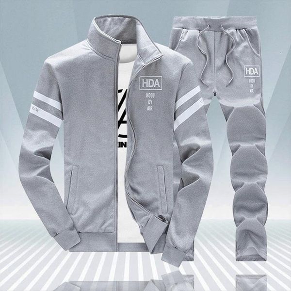 

spring summer sets fleece men tracksuits sporting patchwork zipper sweatshirt sweatpants 2 set slim fit track suit, Gray